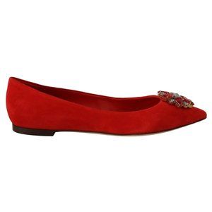 Dolce & Gabbana Red Suede Crystals Loafers Flats Shoes
